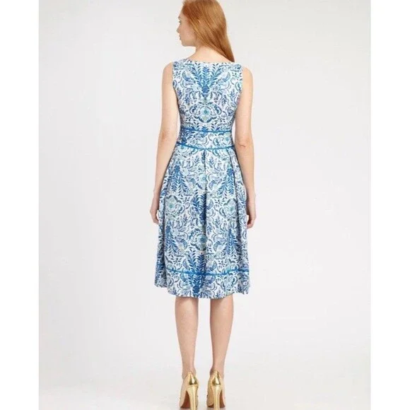 Tory Burch Ramona Fit & Flare Dress Floral Blue Silk Blend celeb Runway 12 $450 - Picture 8 of 16